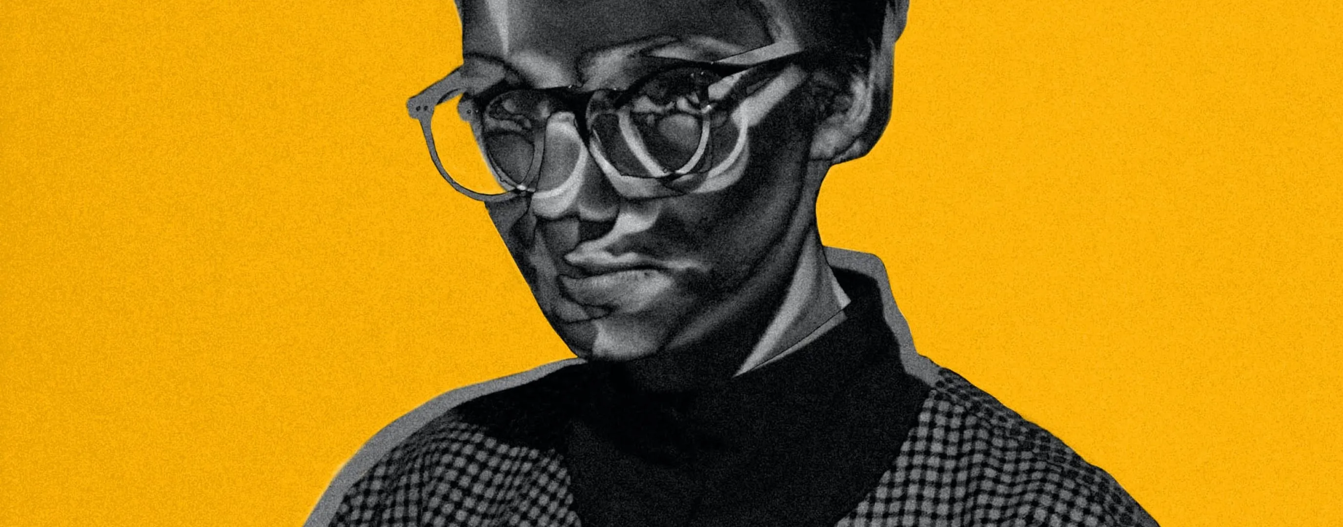 Illustration of woman wearing glasses against a yellow background.