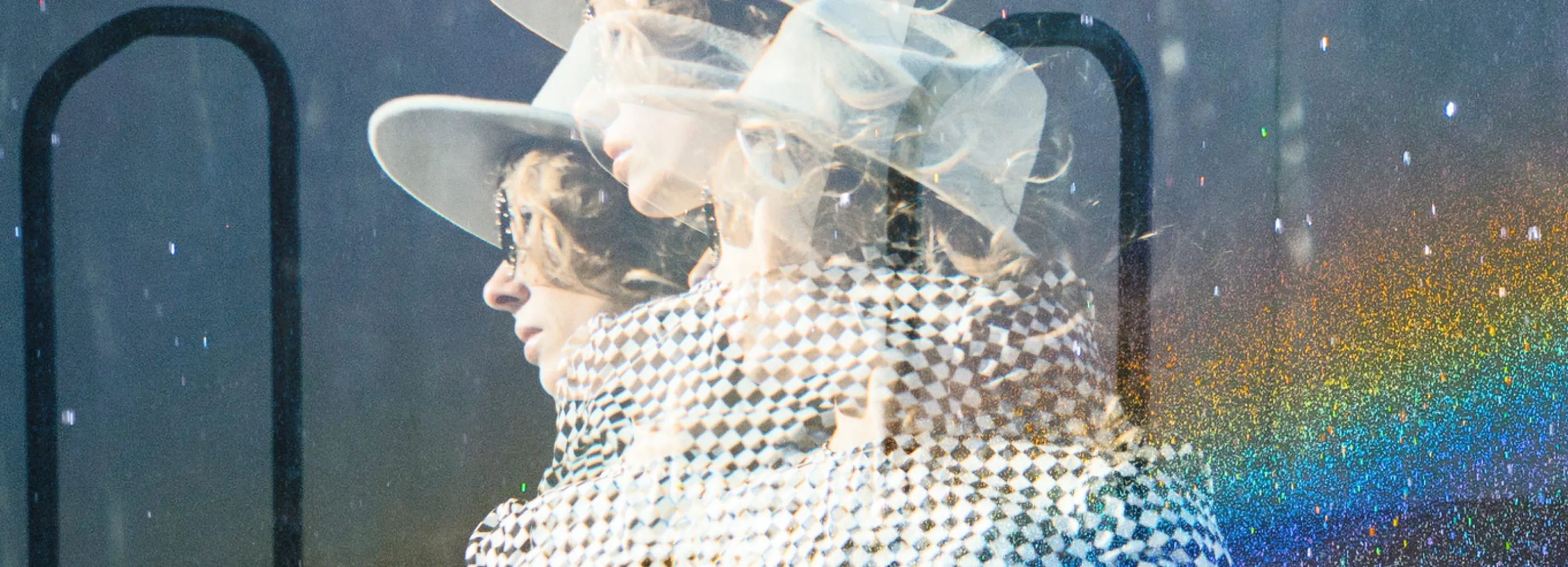 Triple exposure of girl wearing hat and sunglasses with rainbow texture overlay.